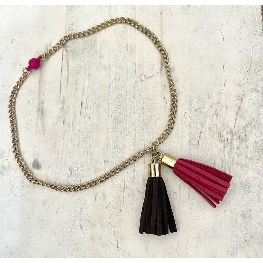 Gold tone brown and pink tassel necklace